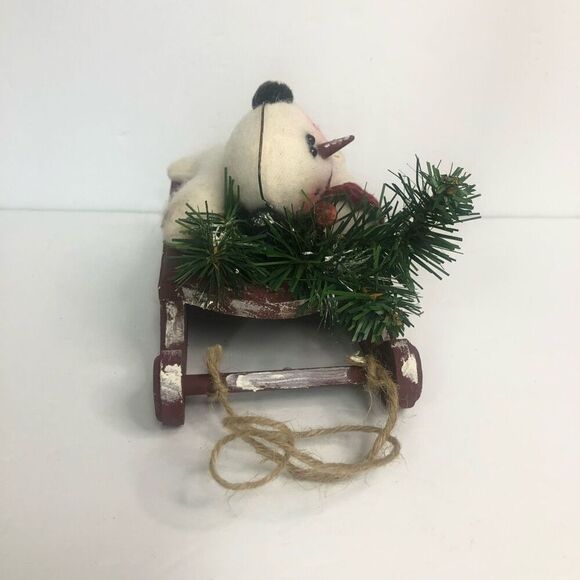 felted wool plush snowman sledding checkers scarf ear muffs pine tree red primit - Picture 3 of 8
